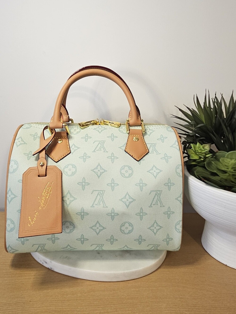 Designer Inspired Luxury am Canvas Speedy with Tan Trim